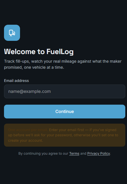 FuelLog dark login screen