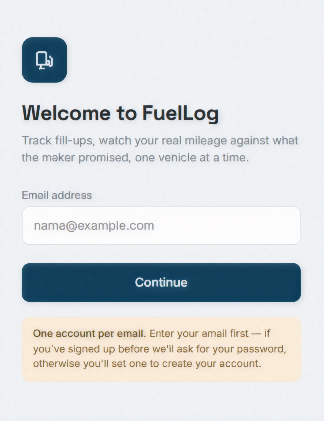 FuelLog light login screen