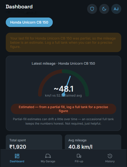 FuelLog dark dashboard