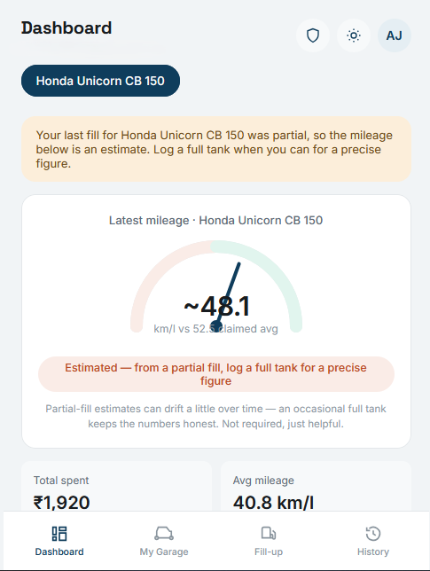 FuelLog light dashboard