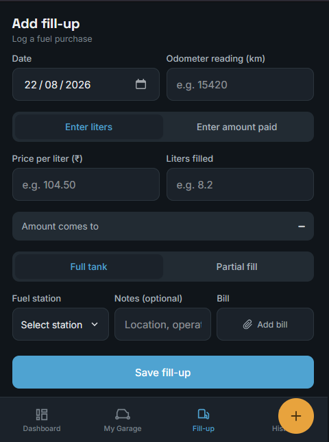 FuelLog dark fill-up form