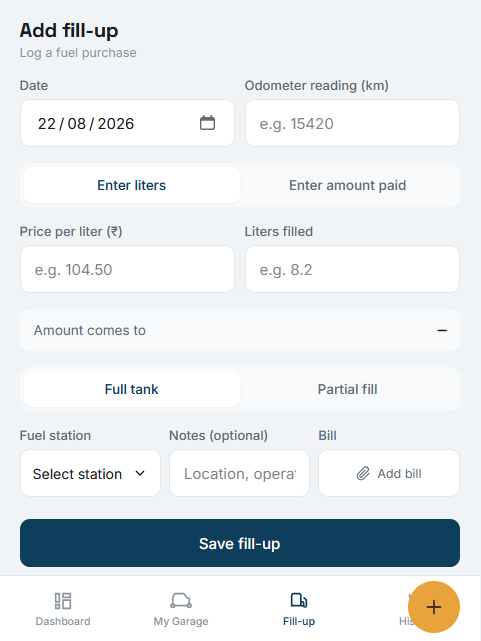 FuelLog light fill-up form
