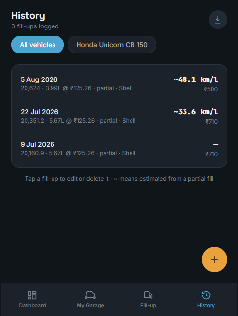 FuelLog dark fuel history