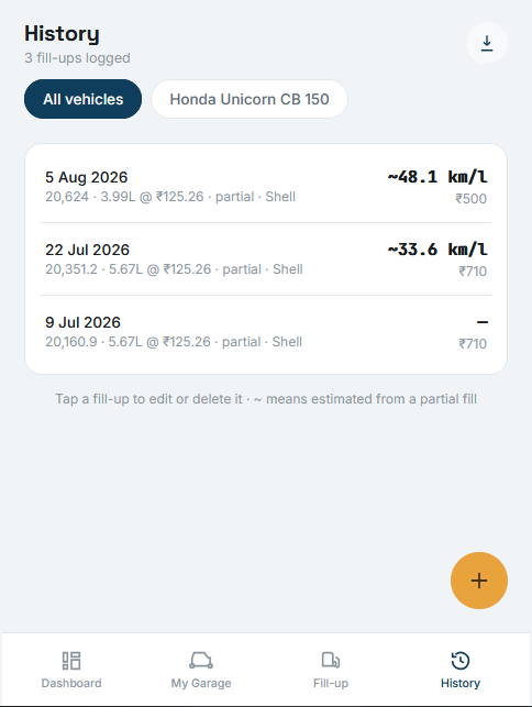 FuelLog light fuel history